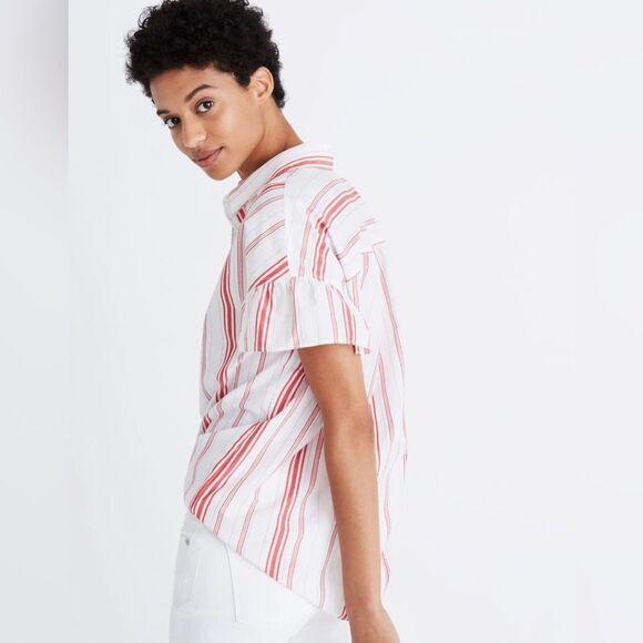 NEW Madewell Central Ruffle-Sleeve Shirt in Carey Stripe Red and White Size XS - Picture 3 of 10